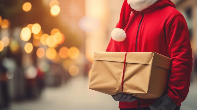 Weihnachtsmann hält eine Geschenkkiste auf der Straße Weihnachten und Neujahr Konzept