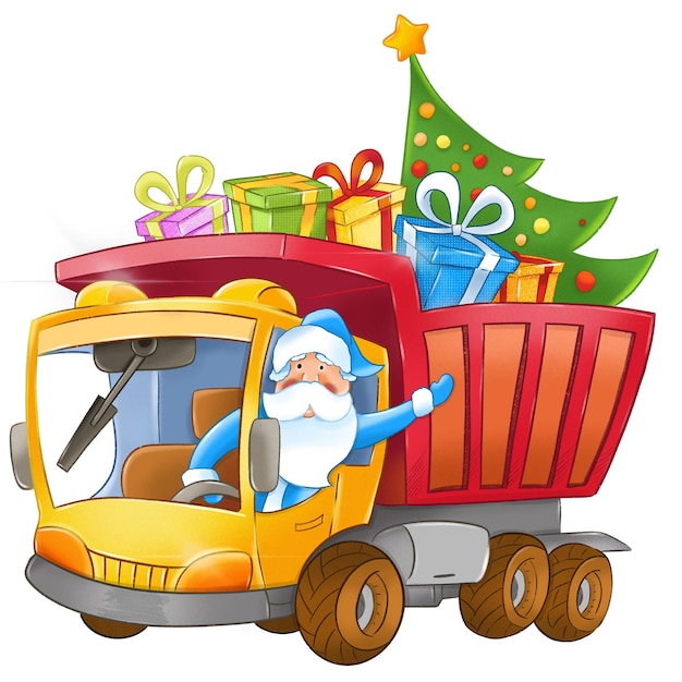 Weihnachtsmann in einem blauen Pelzmantel in einem Lastwagen mit Weihnachtsbaum und Geschenken