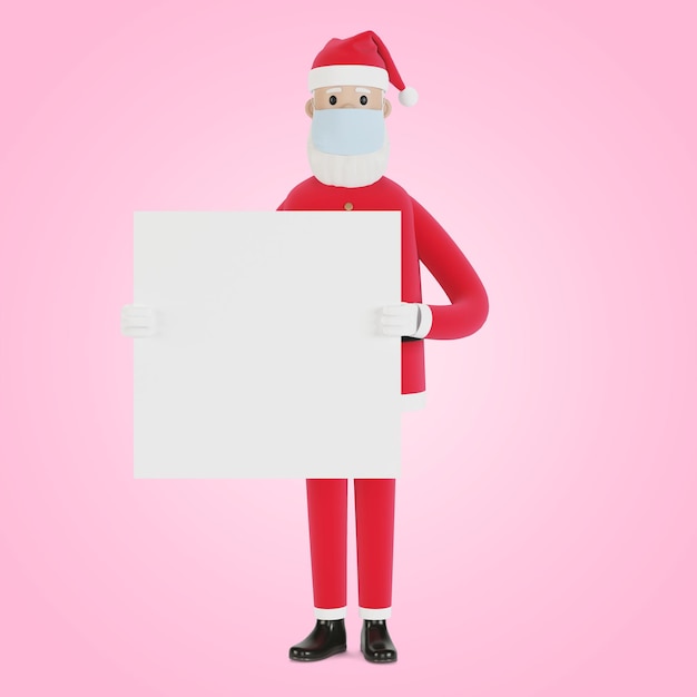 Weihnachtsmann in einer Maske mit einem Banner. Für Weihnachtskarten, Banner und Etiketten. 3D-Darstellung im Cartoon-Stil.