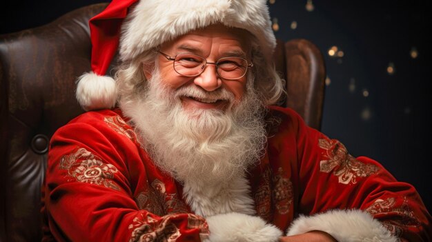 Weihnachtsmann lächelt zu Weihnachten und sitzt in einem Sessel