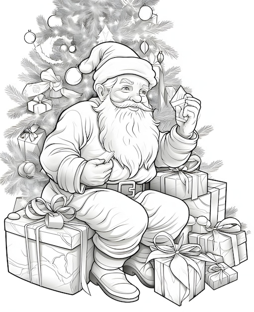 Weihnachtsmann mit einem Brief und Geschenken auf dem Hintergrund eines Weihnachtenbaums Schwarz-Weiß-Farbblatt Xmasbaum als Symbol des Weihnachtes der Geburt des Erlösers
