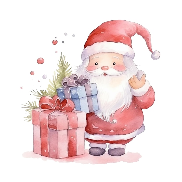 Weihnachtsmann mit Geschenkboxen isoliert auf weißem Hintergrund Aquarell-Weihnachtsillustration Generative KI