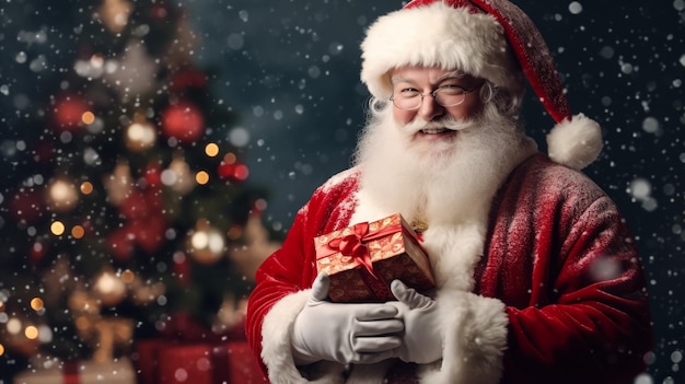 Weihnachtsmann mit Geschenken auf weißem Hintergrund Porträt eines fröhlichen männlichen Weihnachtsmanns mit farbigem Geschenk