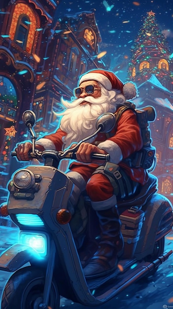Weihnachtsmann mit Geschenken fährt Roller Generative KI