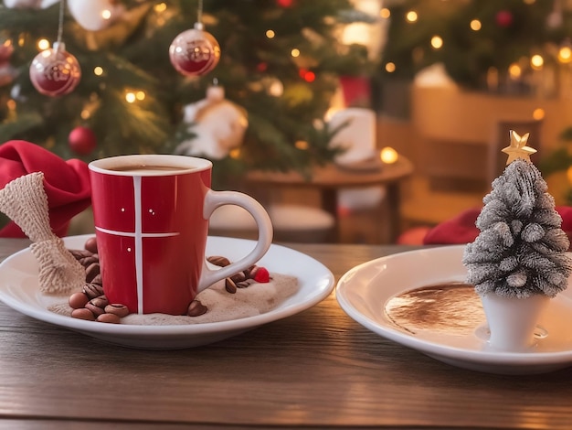 Weihnachtsmann mit Geschenken und Wunschliste auf Holztisch
