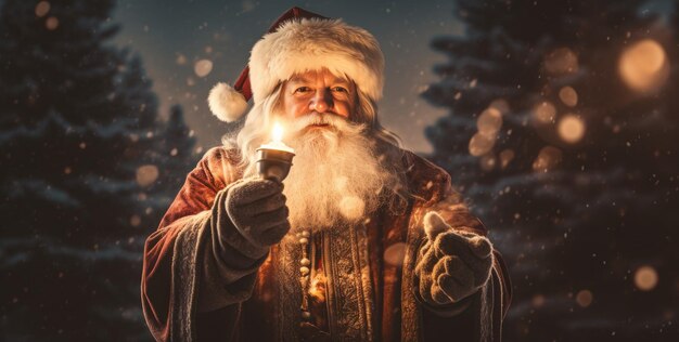Weihnachtsmann mit Kerze, die die Flamme mit dem Weihnachtenbaum hochhält