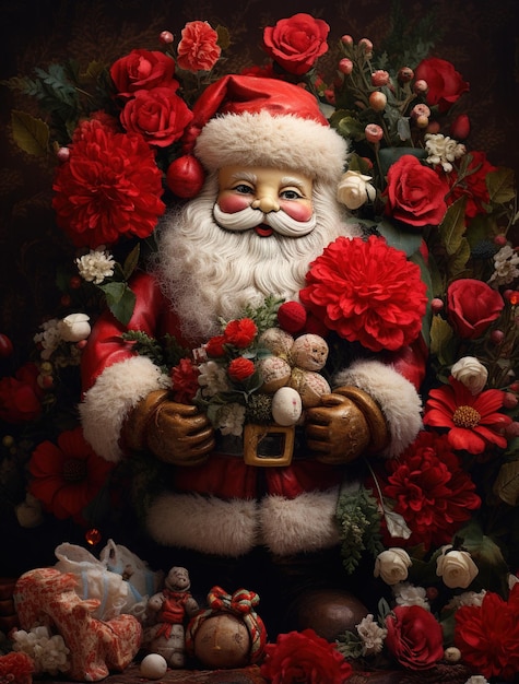 Weihnachtsmann mit roten und weißen Blumen