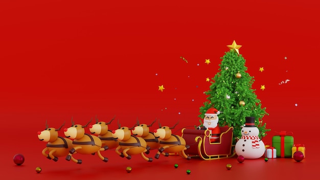 Weihnachtsmann mit Schlitten in der Nähe von Schneemann und Weihnachtsbaum Geschenkbox Frohes neues Jahr und Frohe Weihnachten Grußkarte 3D-Rendering