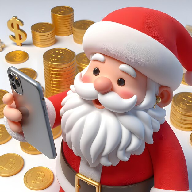 Foto weihnachtsmann mit telefon und münzen 3d-cartoon-figur isoliert auf weißem hintergrund