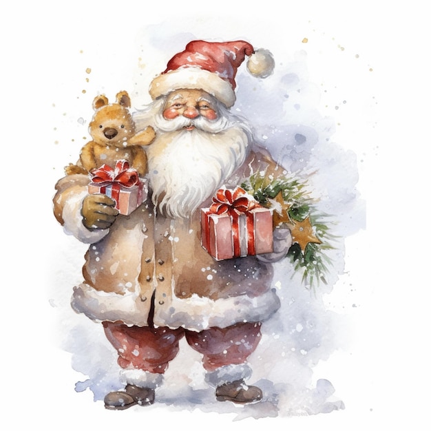 Weihnachtsmann mit Weihnachtsbaum und Bär