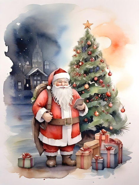 Weihnachtsmann mit weihnachtsbaum und Geschenken Aquarellillustration