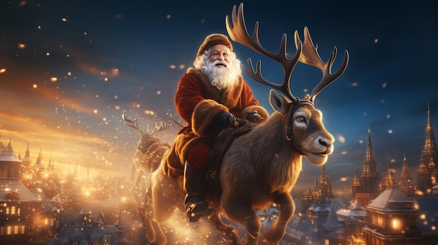 Weihnachtsmann reitet auf einem Hirsch Illustration auf weißem Hintergrund Hochwertiges Foto