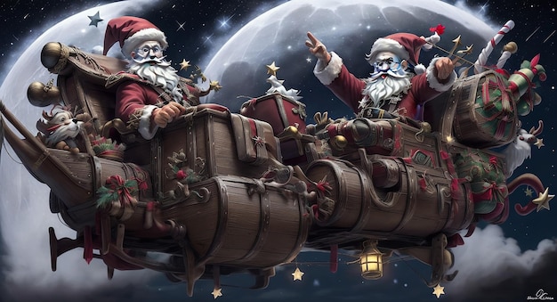 Foto weihnachtsmann reitet auf einem holzschlitten