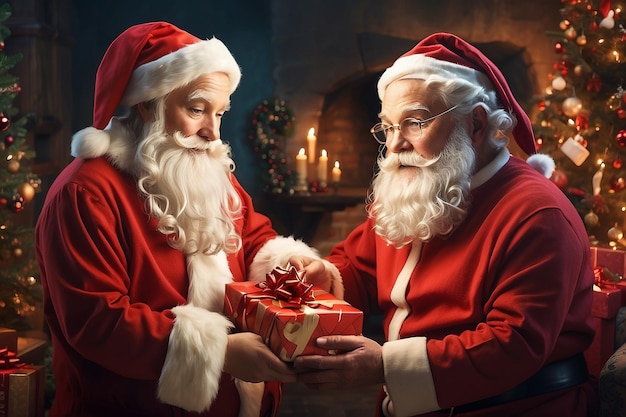 Foto weihnachtsmann schaut in die kamera und lächelt im festlichen raum mit traditionellen weihnachtsdekorationen