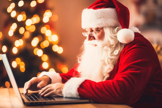 Weihnachtsmann schreibt mit einem Laptop auf Holztisch und Weihnachtsdekorationshintergrund