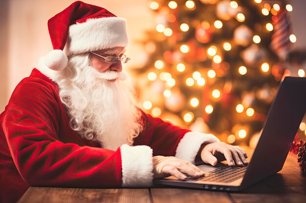 Weihnachtsmann schreibt mit einem Laptop auf Holztisch und Weihnachtsdekorationshintergrund