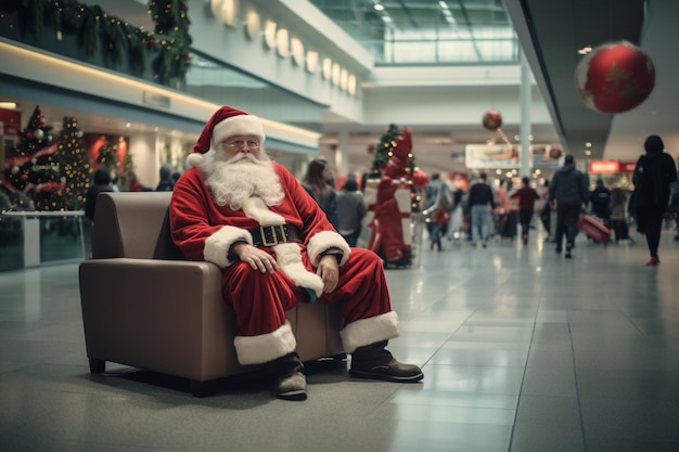 Weihnachtsmann sitzt auf einem Sofa und sieht müde aus in einem Einkaufszentrum Generative KI