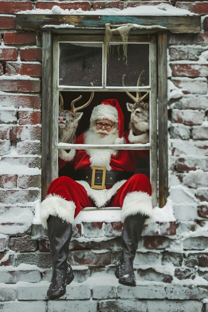 Foto weihnachtsmann steckt im schornstein rentier verwirrt