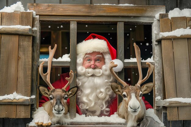 Foto weihnachtsmann steckt im schornstein rentier verwirrt