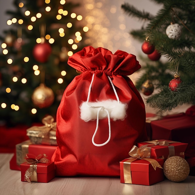 Weihnachtsmann-Tasche mit Geschenken in der Nähe des Weihnachtsbaums im Wohnzimmer, generative KI