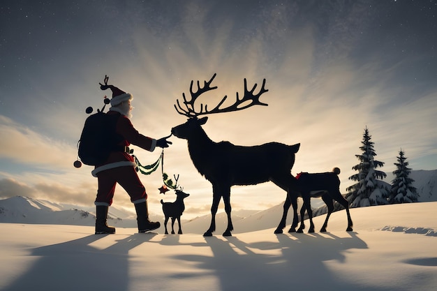 Weihnachtsmann und Rentier-Silhouette