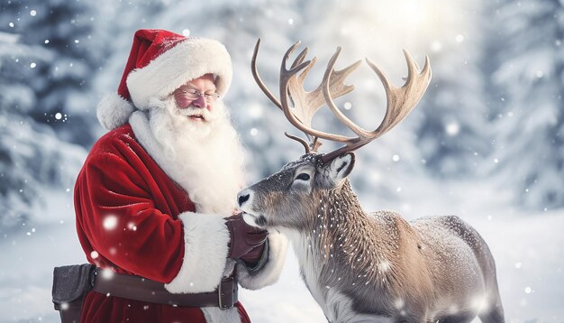 Foto weihnachtsmann und rudolph in einem wunderschönen winterwunderland mit schneelandschaft