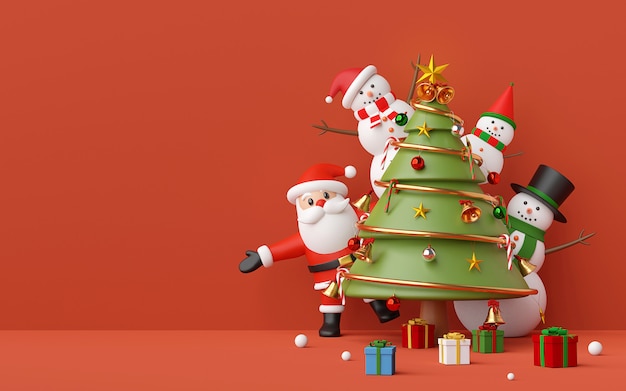 Weihnachtsmann und Schneemann mit Weihnachtsbaum, Verzierungen auf rotem Hintergrund, 3D-Darstellung