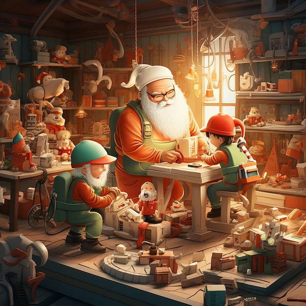 Weihnachtsmann und seine Elfen bauen Spielzeug Illustration