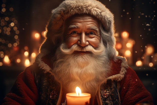Weihnachtsmann Väterchen Frost alter Mann in Rot gekleidet mit weißem Bart und Sack voller Geschenke Fröhliche Weihnachten, die durch die Schornsteine kommen oder auf einem Rentier in der Nacht im Winterschnee im Dezember ankommen