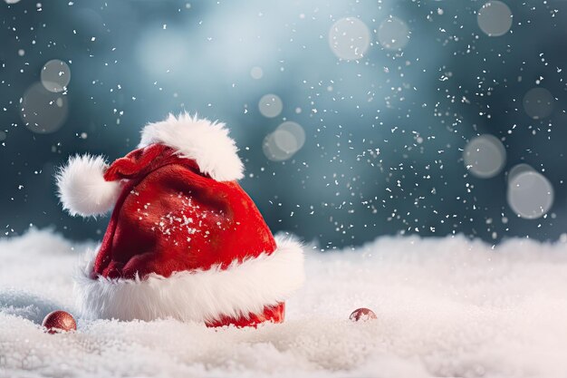 Weihnachtsmannshut mit einem weißen Pompon auf einem schneebedeckten Hintergrund