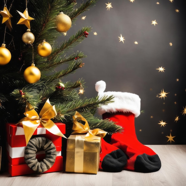 Weihnachtsmannssocken, goldene Sterne, Geschenkkisten und Weihnachten-Ornamente mit Weihnacht-Hintergrund