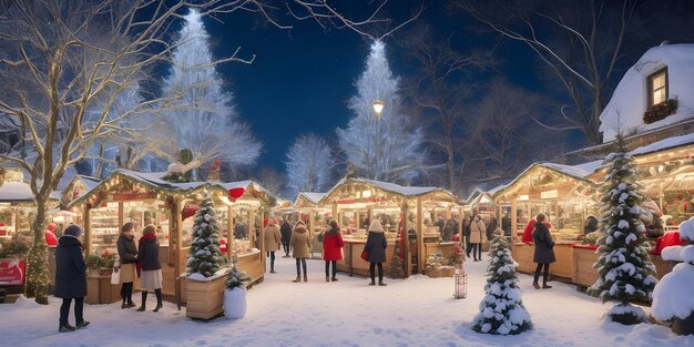 Weihnachtsmarkt in der Abendatmosphäre dekorative Lichter Sterne Blasen Geschäfte Bäume