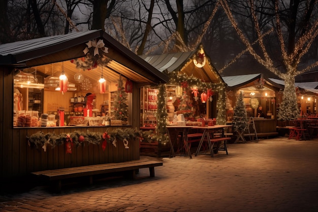 Weihnachtsmarktlichter bauen dekorative Tische in einer Reihe von kleinen Holzhütten