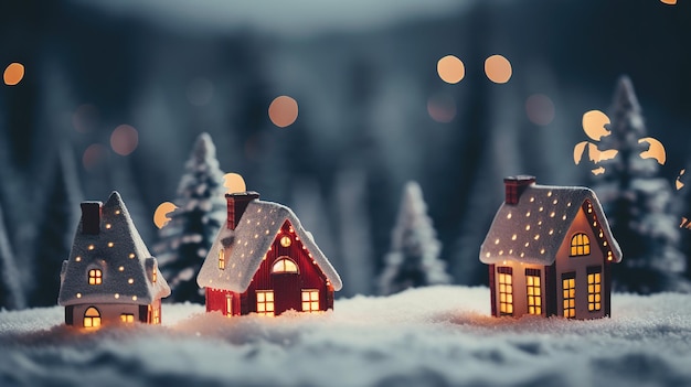 Weihnachtsminiatur mit Häusern und Fichtenwald Weihnachten- und Neujahrskonzept