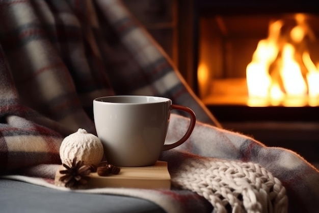 Weihnachtsmorgen in einem gemütlichen Chalet mit einer wärmenden Tasse Tee vor dem Kamin Gemütliches Zuhause