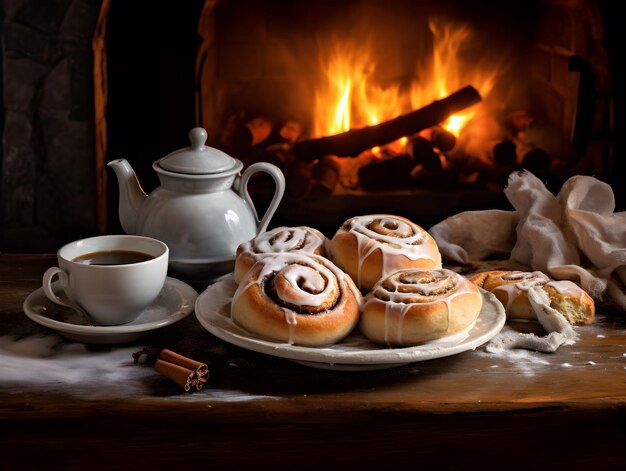 Weihnachtsmorgenszene mit einem warmen und einladenden Foto eines Frühstückstisches