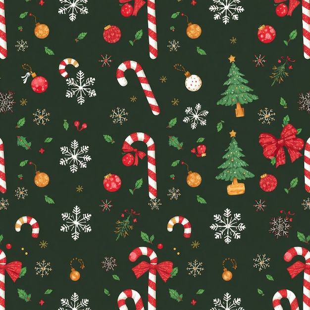 Weihnachtsmuster mit Süßigkeiten, Stöcken, Schneeflocken und Ornamenten