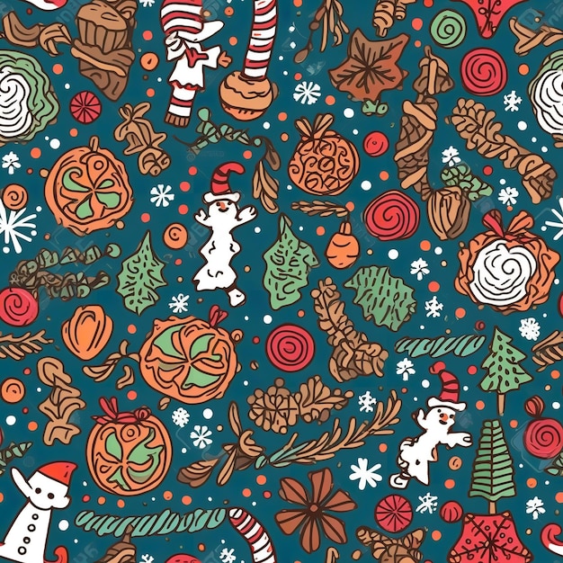 Foto weihnachtsnahtloses muster mit festlichen symbolen und symbolen, lineare doodle-skizze-illustration und hintergrund