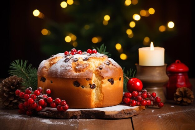 Foto weihnachtspanettone mit rosinen und schokolade auf einem holztisch