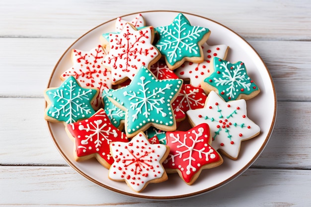 Weihnachtsplätzchen im Teller auf weißem Holzhintergrund