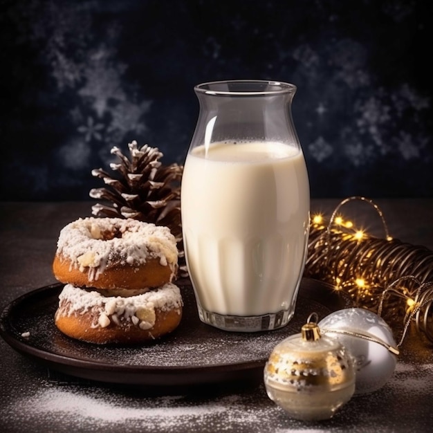 Weihnachtsplätzchen und ein Glas Milch auf einem Holzbrett vor dunklem Hintergrund