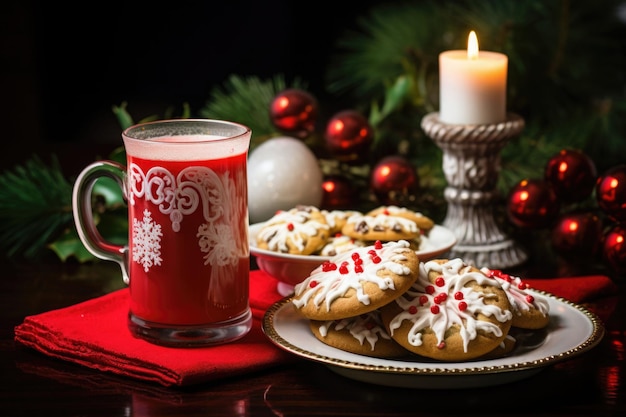 Weihnachtsplätzchen und heißer Kakao. Selbstgemachte Lebkuchenplätzchen, Weihnachtsbeleuchtung, KI-generiert