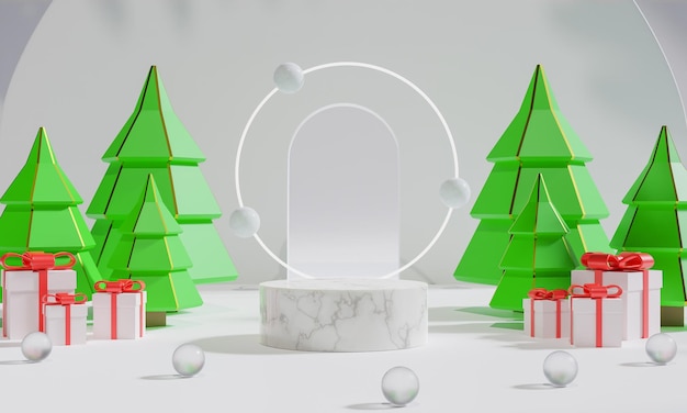 Weihnachtspodium für Branding und Verpackungspräsentation Produktdisplay mit Geschenkboxen Weihnachtsvitrine Kosmetik und Mode 3D-Rendering