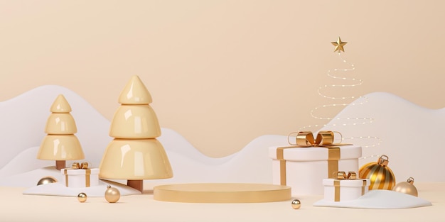 Weihnachtspodium für Branding- und Verpackungspräsentationsprodukte mit Geschenkbox Weihnachten. 3D-Rendering