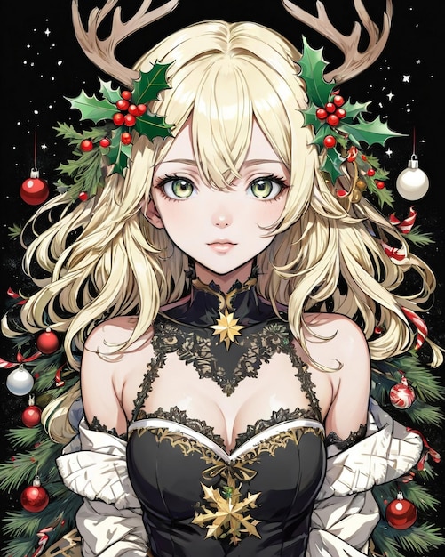 Weihnachtsporträt eines Anime-Mädchens mit schwarzem Hintergrund im Vanille-Stil
