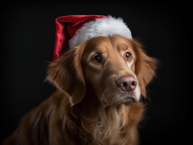 Weihnachtsporträt eines Golden Retriever-Hundes in einem Weihnachtenhut fängt den festlichen Geist ein