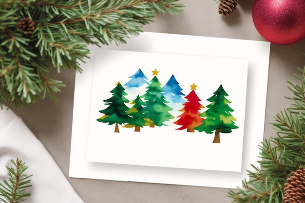 Weihnachtspostkarte Ein Aquarellgemälde von Bäumen mit einem roten Stern an der Spitze