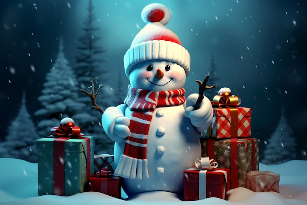 Weihnachtspostkarte mit Schneemann und Weihnachtsgeschenken, 3D-Illustration