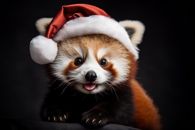 Weihnachtsroter Panda mit Baby-Weihnachtsmannmütze und Mistelzweig isoliert auf einem Hintergrund mit Farbverlauf