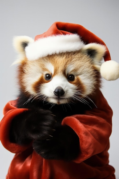 Weihnachtsroter Panda umklammert einen mit Misteln geschmückten Weihnachtsmannhut isoliert auf weißem Hintergrund